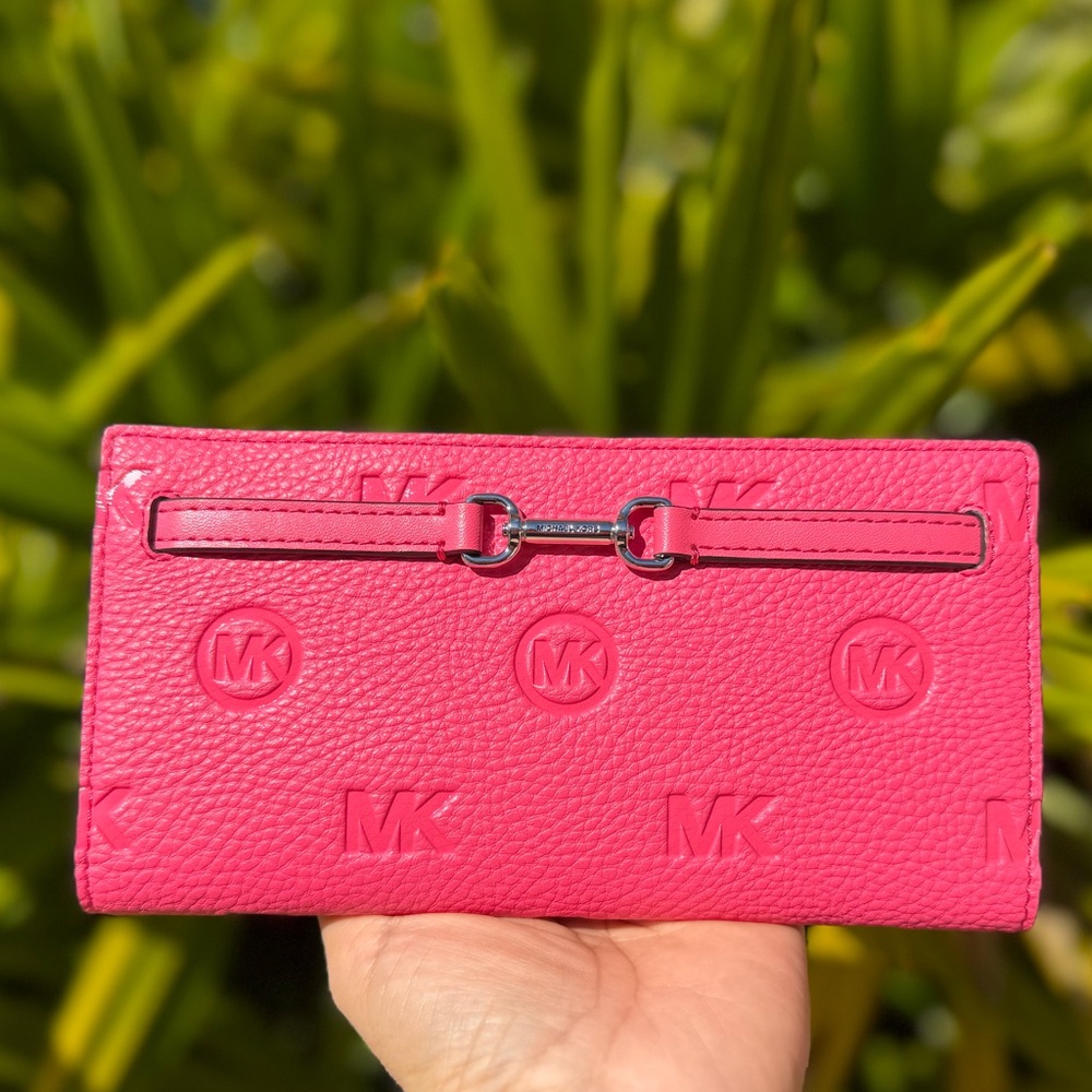Michael Kors Jet Set Carson LG Pink MK Embossed Wallet